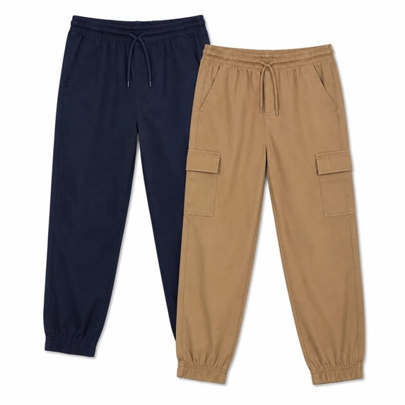 Quad Seven Boys Joggers Twill Stretch Cargo Pants with Pockets and Elastic Waistband 2 Pack