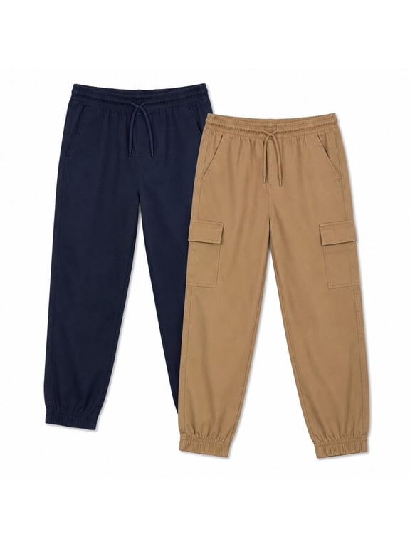Boys Joggers Twill Stretch Cargo Pants with Pockets and Elastic Waistband 2 Pack