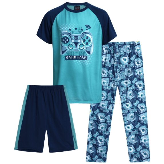 Quad Seven Boys' Pajama Set - 3 Piece Sleep Shirt, Pajama Pants, and Lounge Shorts (4-18)