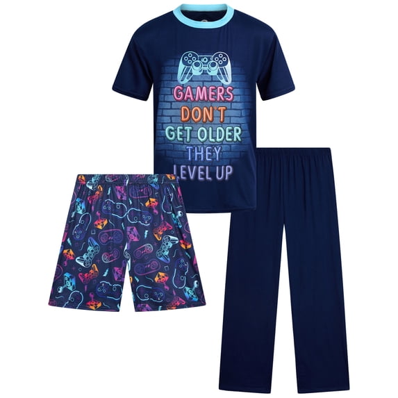 Quad Seven Boys Pajama Set Breathable Graphic Sleep Shirt, Pajama Pants & Lounge Shorts 3 Piece
