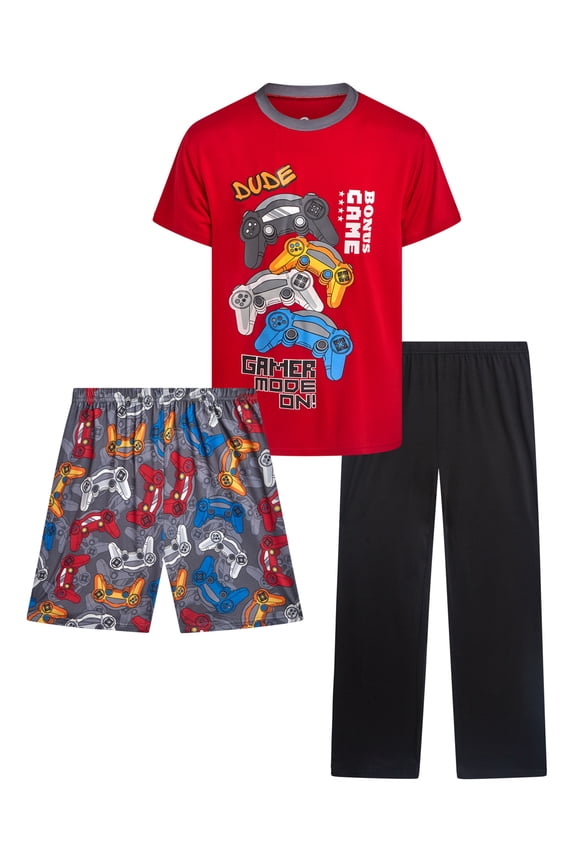 Boys' Pajama Set - 3 Piece Sleep Shirt, Pajama Pants, and Lounge Shorts (4-18)