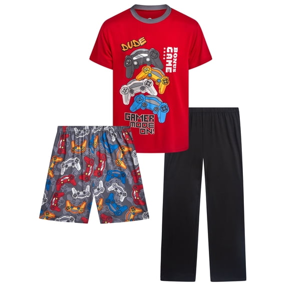 Quad Seven Boys Pajama Set Breathable Graphic Sleep Shirt, Pajama Pants & Lounge Shorts 3 Piece