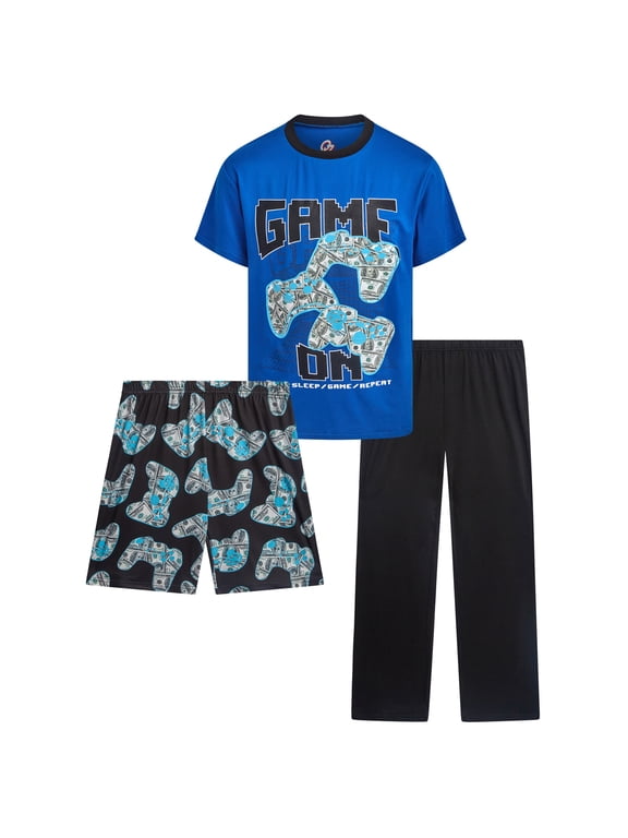 Boys Pajama Set Breathable Graphic Sleep Shirt, Pajama Pants & Lounge Shorts 3 Piece