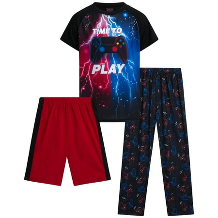 Quad Seven Boys' Pajama Set - 3 Piece Sleep Shirt, Pajama Pants, and Lounge Shorts (4-18)