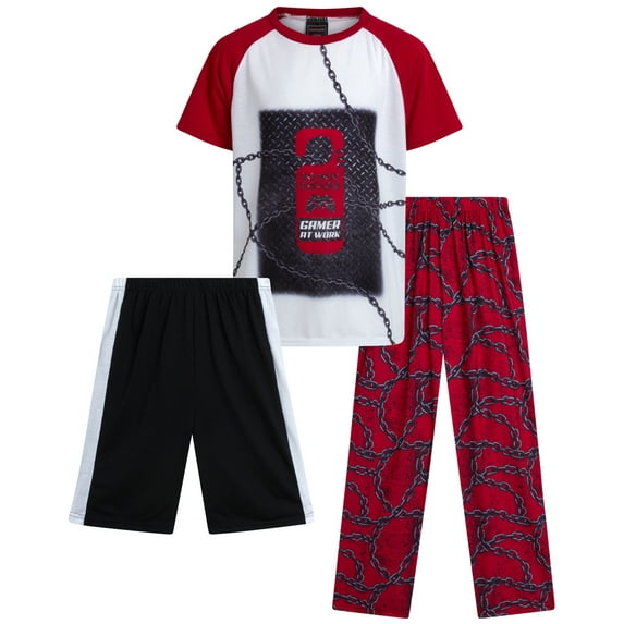 Quad Seven Boys' Pajama Set - 3 Piece Sleep Shirt, Pajama Pants, and Lounge Shorts (4-18)