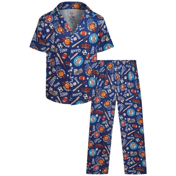 Quad Seven Boys Pajama Set Classic Button Down Sleep Shirt and Pajama Pants Sleepwear Set 2 Piece