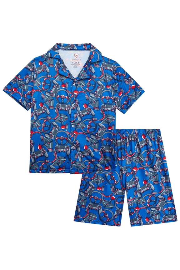 Boys Pajama Set Breathable Button Down Sleep Shirt and Pajama Shorts Sleepwear Set 2 Piece