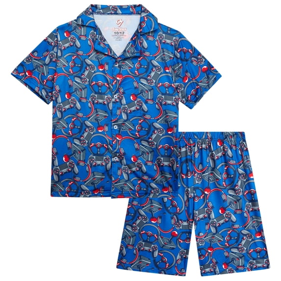 Quad Seven Boys Pajama Set Breathable Button Down Sleep Shirt and Pajama Shorts Sleepwear Set 2 Piece