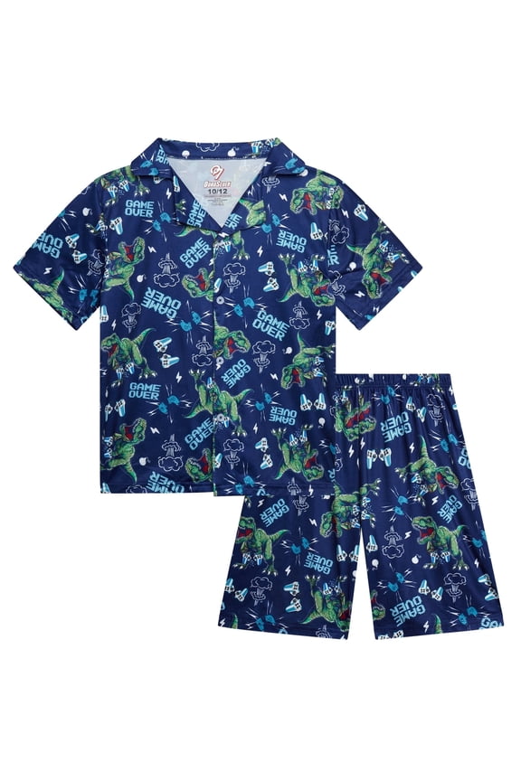 Boys Pajama Set Breathable Button Down Sleep Shirt and Pajama Shorts Sleepwear Set 2 Piece