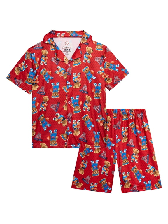 Boys Pajama Set Breathable Button Down Sleep Shirt and Pajama Shorts Sleepwear Set 2 Piece