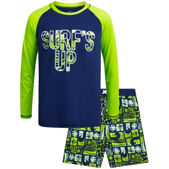 Quad Seven Boys' Rash Guard Set - 2 Piece Long Sleeve Rash Guard & Swim Shorts for Boys (5-12)