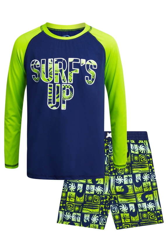 Boys' Rash Guard Set - 2 Piece Long Sleeve Rash Guard & Swim Shorts for Boys (5-12)