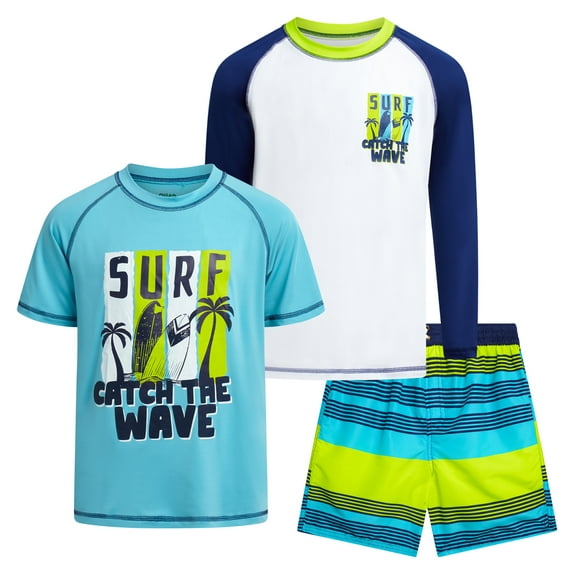 Quad Seven Boys' Rash Guard Set - 3 Piece Quick Dry Sun Shirts and Swim Trunks for Boys (Sizes: 5-12)