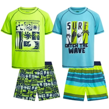 Quad Seven Boys' Rash Guard Swim Set - 4 Piece Quick Dry Swimsuit Trunk and Swim Shirt (Sizes: 5-12)