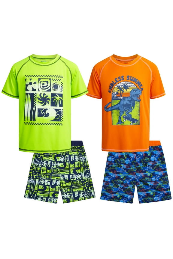 Boys' Rash Guard Swim Set - 4 Piece Quick Dry Swimsuit Trunk and Swim Shirt (Sizes: 5-12)
