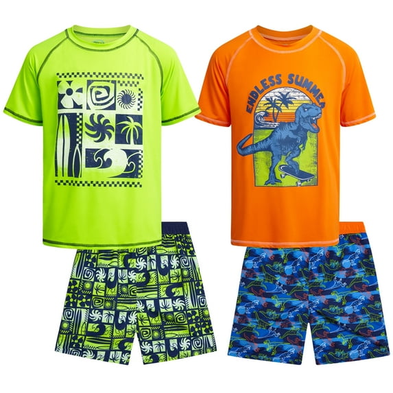 Quad Seven Boys' Rash Guard Swim Set - 4 Piece Quick Dry Swimsuit Trunk and Swim Shirt (Sizes: 5-12)
