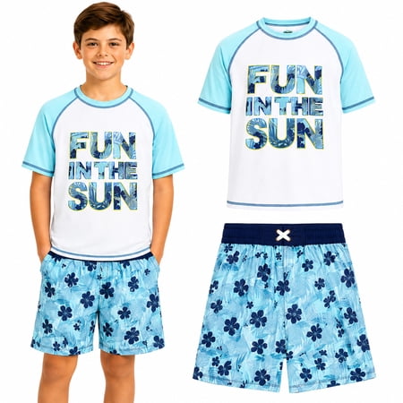 Quad Seven Boys' Rashguard Set - Short Sleeve Swim Shirt and Bathing Suit Set (Size: 4-12)