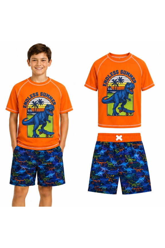 Boys' Rashguard Set - Short Sleeve Swim Shirt and Bathing Suit Set (Size: 4-12)