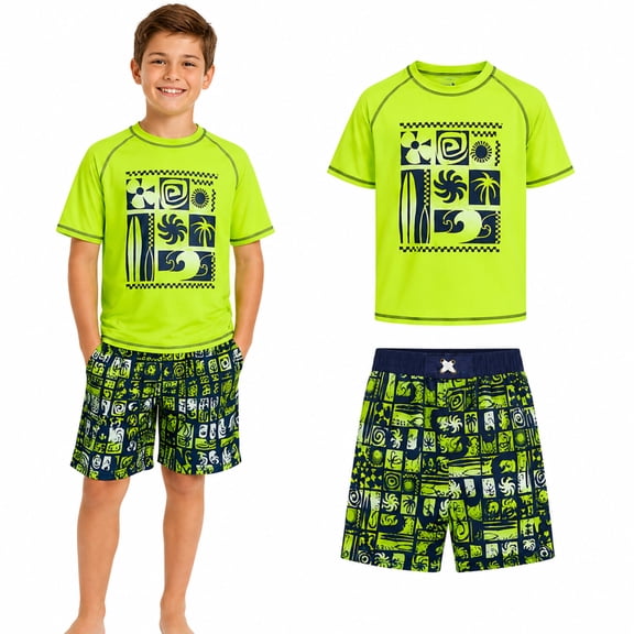 Quad Seven Boys' Rashguard Set - Short Sleeve Swim Shirt and Bathing Suit Set (Size: 4-12)