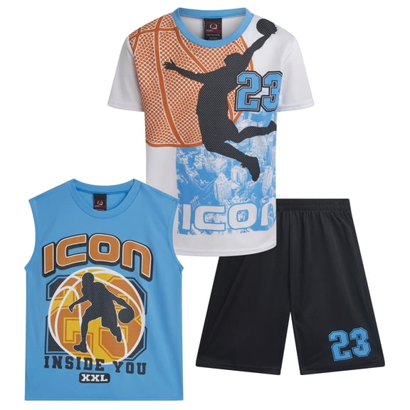 Quad Seven Boys Short Set - 3 Piece Athletic Shirt Boys Basketball Jersey and Gym Shorts Active Set