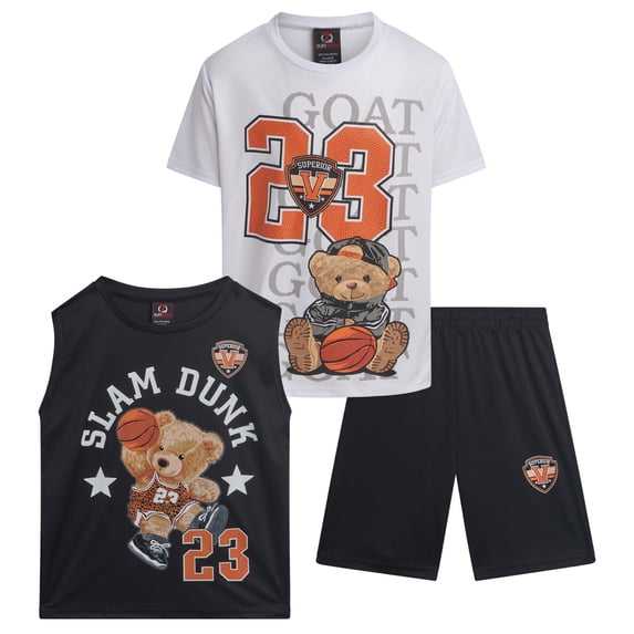Quad Seven Boys Shorts Set Athletic Dry Fit Graphic Tees Tank Tops & Basketball Shorts 3 Piece