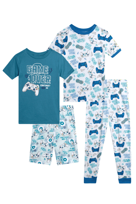 Boys' Snug Fit Pajama Set - 4 Piece Sleep Shirt, Pajama Pants and Shorts (4-12)