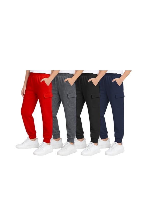 Boys Sweatpants Soft Active Fleece Cargo and Basic Jogger Pants with Pockets 4 Pack