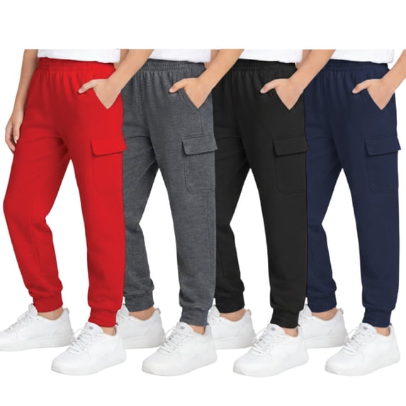 Quad Seven Boys Sweatpants Soft Active Fleece Cargo and Basic Jogger Pants with Pockets 4 Pack