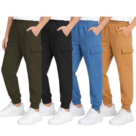 Quad Seven Boys Sweatpants Soft Active Fleece Cargo and Basic Jogger Pants with Pockets 4 Pack