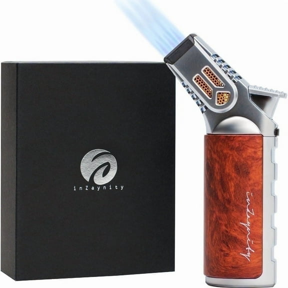 Quad Torch Lighter - Handheld Blow Torch for Cooking, Soldering, & Resin Art - Portable Torch with Adjustable Flame & Ignition Lock - Luxurious Kitchen Torch & Gift Box by inZaynity - Silver Brown