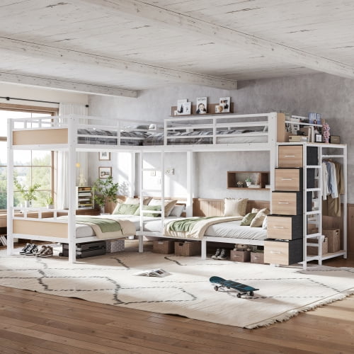 Quad Twin Metal Bunk Bed with Storage Drawers and Wardrobe, 4-Bed Frame with Open Shelves for Shared Bedrooms and Guest Rooms, Sturdy Construction with Guardrails, Easy Assembly, White