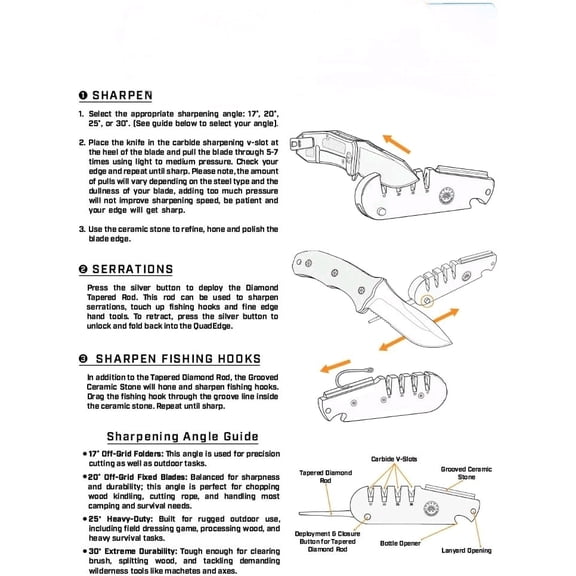 - QuadEdge Knife Sharpener with 4 Angles: 17 | 20 | 25 | 30, Diamond Rod, Fishing Hook Sharpener, Ceramic Honing Stone Camping, Fishing, Hunting, Boating (Black)$$Home Decor, Kitchen, & Other