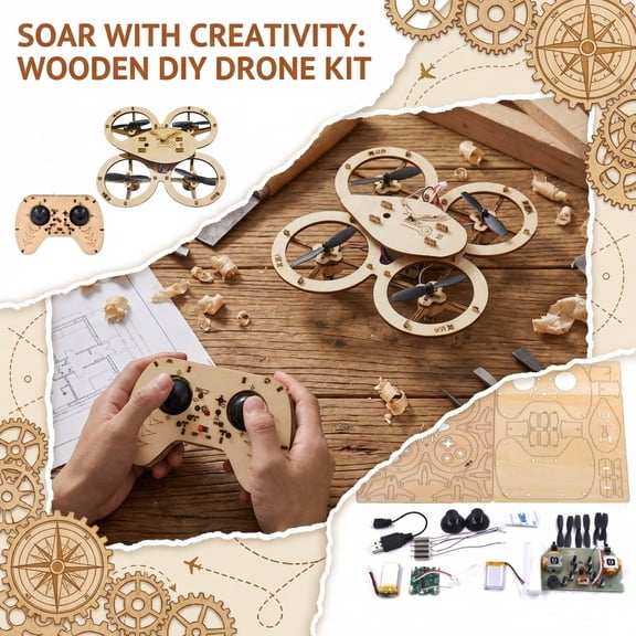 Quadcopter Diy Kit, Wooden Building Blocks, 4 Rotor Prop Model, Self Assembly, After School Activity, Unfinished Wood, 1 Pc