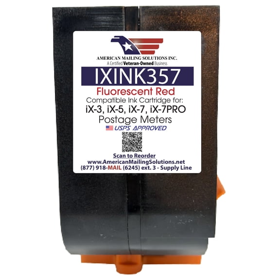 Quadient IXINK357 Fluorescent Red Ink Cartridge Replacement for the iX-3, iX-5, iX-7, iX-7PRO Series Postage Meters, 17,000 Yields, USPS-Approved, USA Made