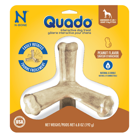 N-Bone® Quado® Dried Interactive Dog Chews, Peanut Flavor, Ginormous, Large, 1ct, 6.8oz - Natural, Edible, 100% Digestible Dog Chews Alternative to Plastic Toys - for Large Dogs