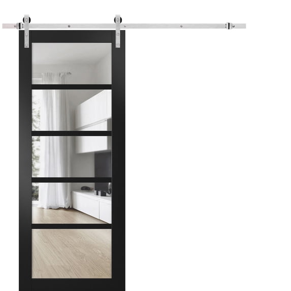 Quadro 4522 Matte Black 18-in x 80-in with Clear Glass Sturdy Barn Door | 6.6FT Rail Hangers Heavy Hardware Set | Solid Panel Interior Doors