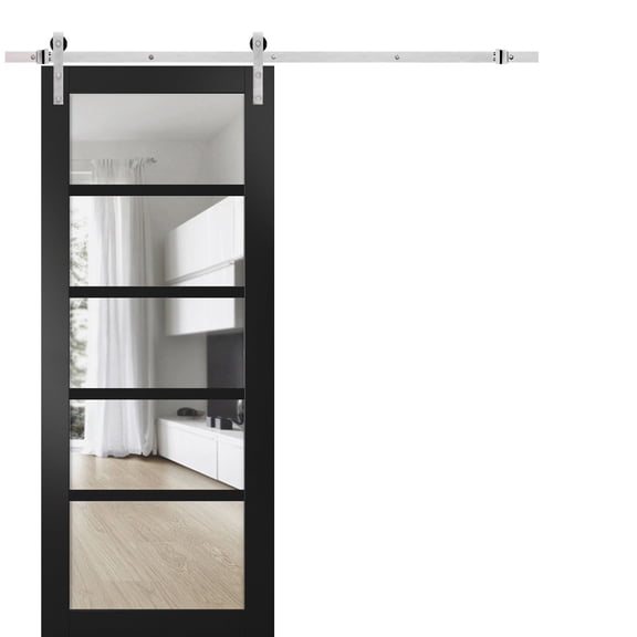 Quadro 4522 Matte Black 24-in x 96-in with Clear Glass Sturdy Barn Door | 6.6FT Rail Hangers Heavy Hardware Set | Solid Panel Interior Doors
