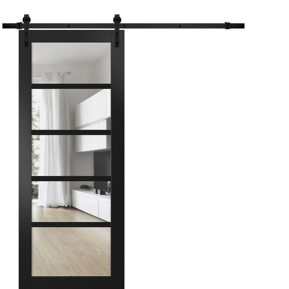 Quadro 4522 Matte Black 28-in x 80-in with Clear Glass Sturdy Barn Door | 6.6FT Rail Hangers Heavy Hardware Set | Solid Panel Interior Doors