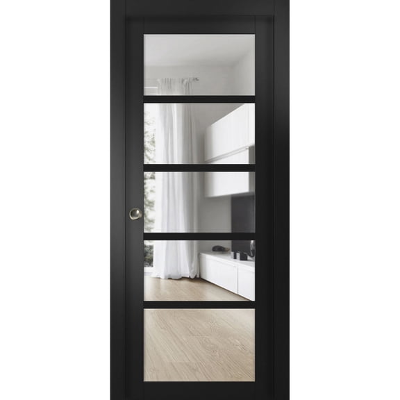 Quadro 4522 Matte Black 30-in x 80-in with Clear Glass Sliding French Pocket Door | Kit Trims Rail Hardware | Solid Wood Interior Bedroom Sturdy Doors