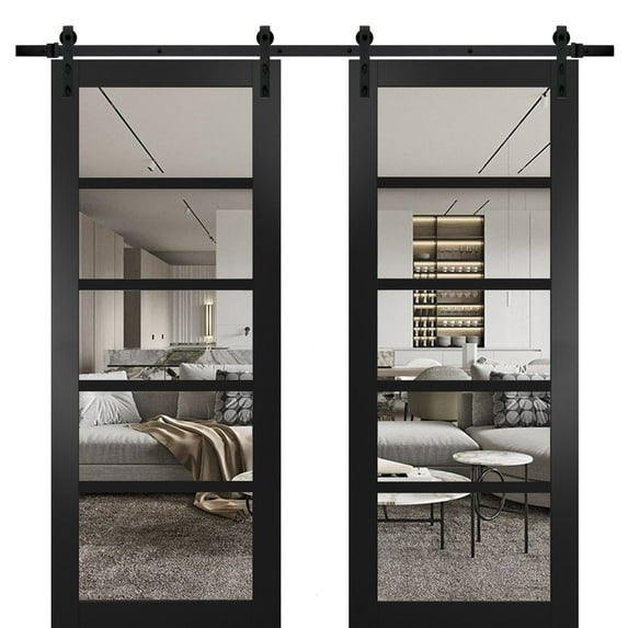 Quadro 4522 Matte Black 36-in x 84-in with Clear Glass Sliding Closet Bypass Doors | 13FT Rail Hangers Heavy Set | Solid Panel Interior Doors
