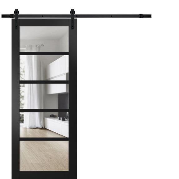Quadro 4522 Matte Black 42-in x 84-in with Clear Glass Sturdy Barn Door | 6.6FT Rail Hangers Heavy Hardware Set | Solid Panel Interior Doors