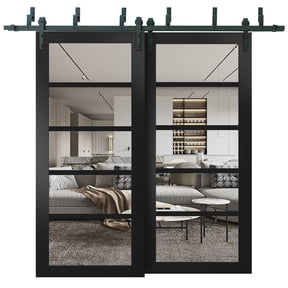 Quadro 4522 Matte Black 56-in x 80-in with Clear Glass Sliding Closet Barn Bypass Doors | Sturdy 6.6ft Rails Hardware Set | Wood Solid Bedroom Wardrobe Doors
