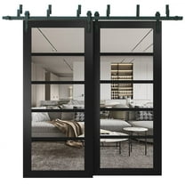 Quadro 4522 Matte Black 56-in x 80-in with Clear Glass Sliding Closet Barn Bypass Doors | Sturdy 6.6ft Rails Hardware Set | Wood Solid Bedroom Wardrobe Doors