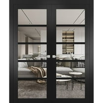 Quadro 4522 Matte Black 56-in x 80-in with Clear Glass Solid French Double Doors | Wood Solid Panel Frame Trims | Closet Bedroom Sturdy Doors