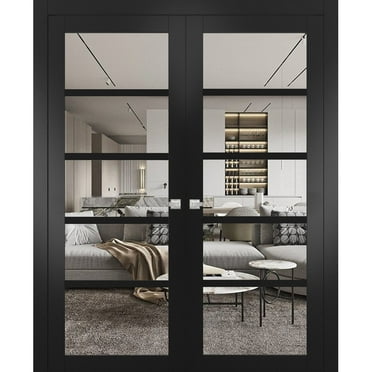 Quadro 4522 Matte Black 56-in x 80-in with Clear Glass Solid French Double Doors | Wood Solid Panel Frame Trims | Closet Bedroom Sturdy Doors