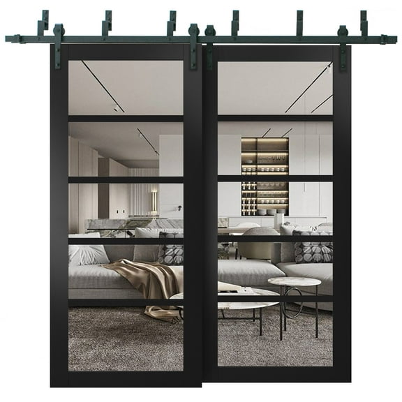 Quadro 4522 Matte Black 60-in x 96-in with Clear Glass Sliding Closet Barn Bypass Doors | Sturdy 6.6ft Rails Hardware Set | Wood Solid Bedroom Wardrobe Doors