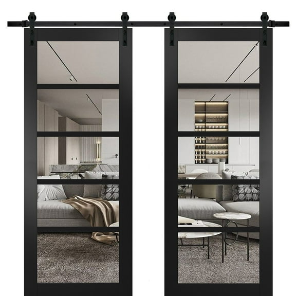 Quadro 4522 Matte Black 64-in x 96-in with Clear Glass Sliding Closet Bypass Doors | 13FT Rail Hangers Heavy Set | Solid Panel Interior Doors