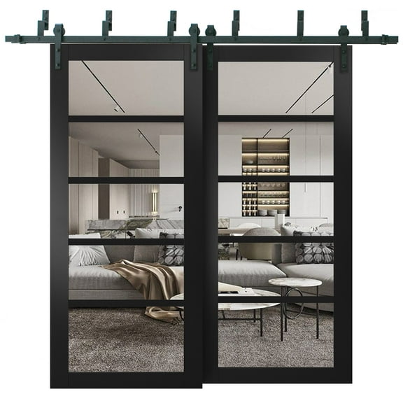 Quadro 4522 Matte Black 72-in x 84-in with Clear Glass Sliding Closet Barn Bypass Doors | Sturdy 6.6ft Rails Hardware Set | Wood Solid Bedroom Wardrobe Doors