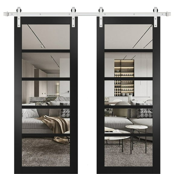 Quadro 4522 Matte Black 84-in x 96-in with Clear Glass Sturdy Double Barn Door | 13FT Rail Hangers Heavy Set | Solid Panel Interior Doors