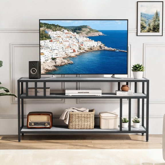 Quadruple-Tube Support - 65 Inch Industrial TV Stand for TVs up to 65 Inches - 3-Tier Open Storage Shelves - Wide Wood Media Console Table for Living Room, Bedroom, or Gaming Room